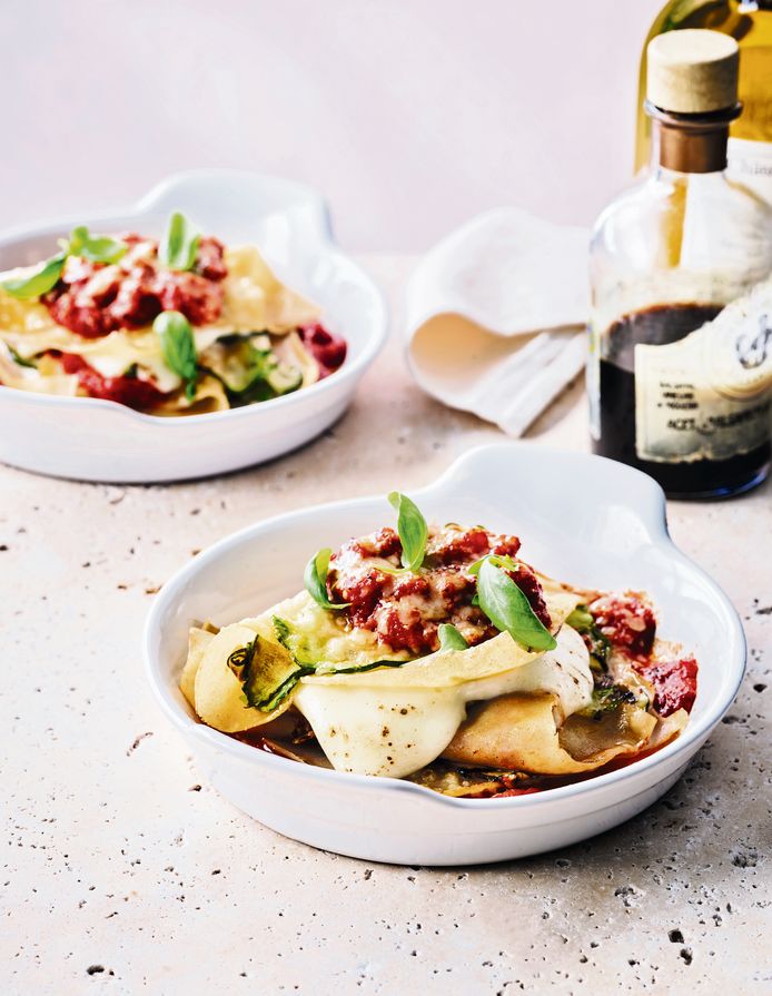 Open lasagne met gegrilde courgette en mozzarella