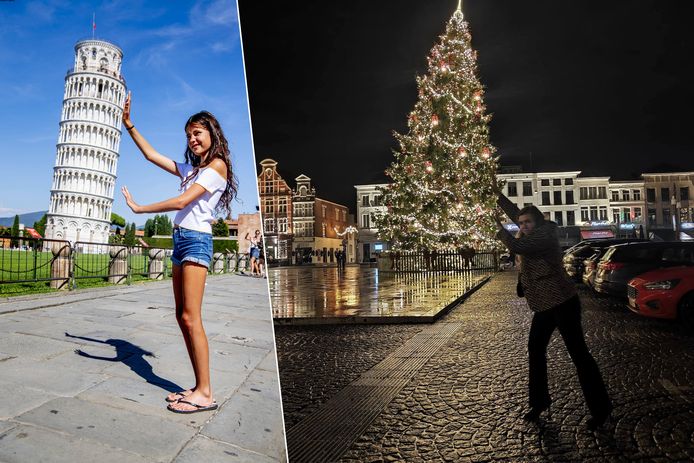 Net zoals de toren van Pisa is ook de scheve kerstboom van Oudenaarde een dankbaar foto-object.