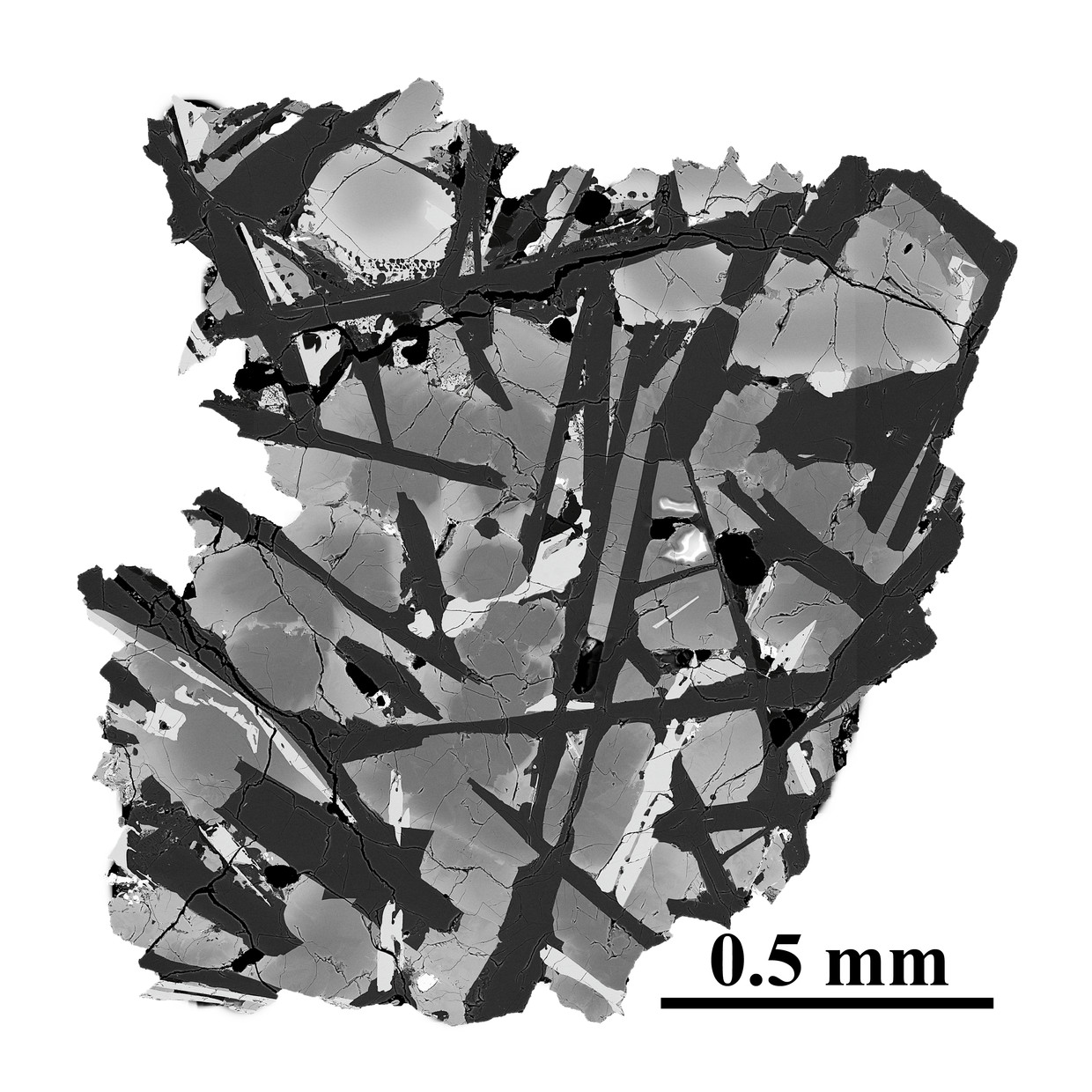 Electron micrograph of a slice of basalt from the moon.  Image CAGS