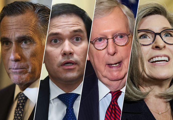 Fotomontage HLN. Republikeinse senatoren Mitt Romney, Marco Rubio, Mitch McConnell en Joni Ernst.