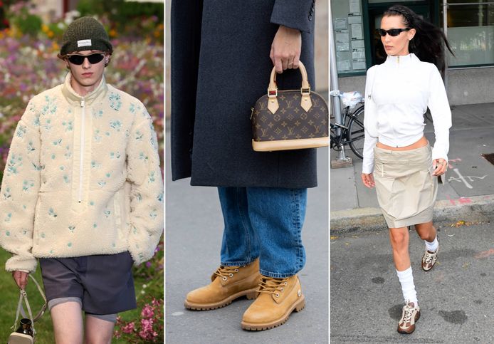 Links: Dior Men fashionshow lente 2023-24, midden: Timberlands en rechts: Bella Hadid in Salomon-schoenen.