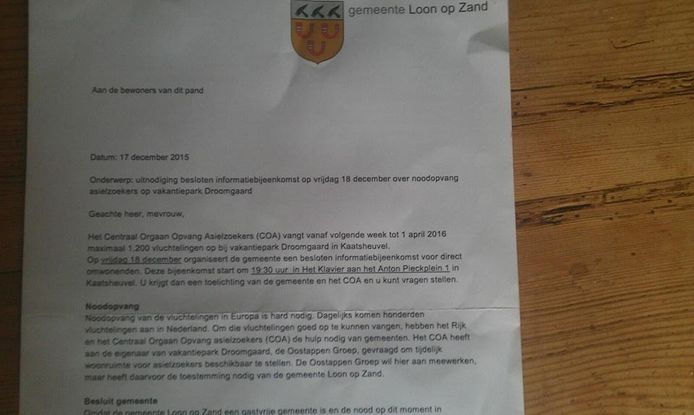 De brief die omwonenden kregen.