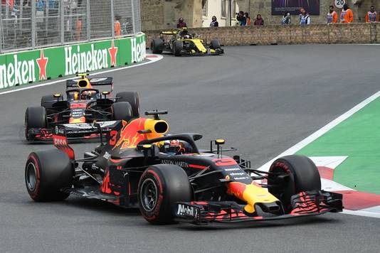 Ricciardo voor Max Verstappen uit, vorig jaar in Bakoe.
