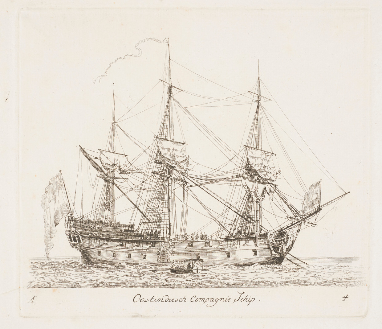 Een met de Rooswijk vergelijkbaar schip, een ets van Gerrit Groenewegen ca. 1786. collectie Het Scheepvaartmuseum. Beeld RV
