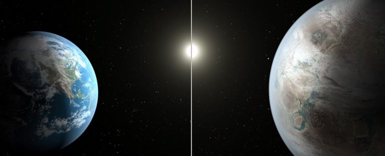 Een conceptuele vergelijking tussen de Aarde en exoplaneet Kepler-452b. Beeld EPA