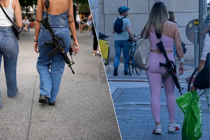 Jonge vrouwen in modieus broekpak of roze fitnessoutfit dragen in Israël geen handtas over hun schouder, maar een AR-15.