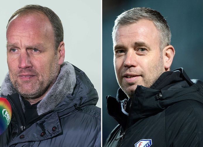 Dick Lukkien (links) en René Hake wonnen dit seizoen nog niet met hun clubs FC Emmen en FC Utrecht.