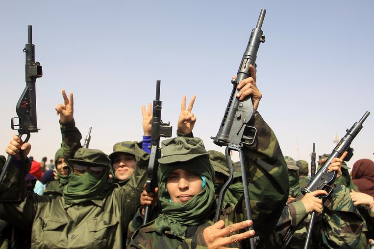 Soldaten van de Arabische Democratische Republiek Sahara paraderen met hun geweren. Beeld AP