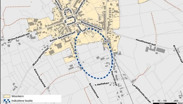 De voorgestelde zoekzone in Wijtschate. Het ovaal toont het gebied waarin de zone eventueel kan komen,  maar het is  niet de bedoeling dat er grond van bewoners wordt ingepalmd.
