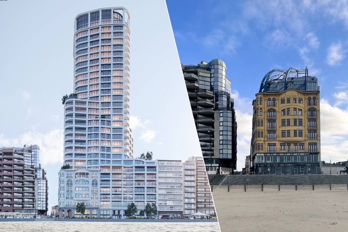 Een beeld van het bouwproject dat 28 verdiepingen zal tellen.  Vakantiecentrum Petit Rouge op de Zeedijk van Blankenberge sloot in januari 2020 definitief de deuren.