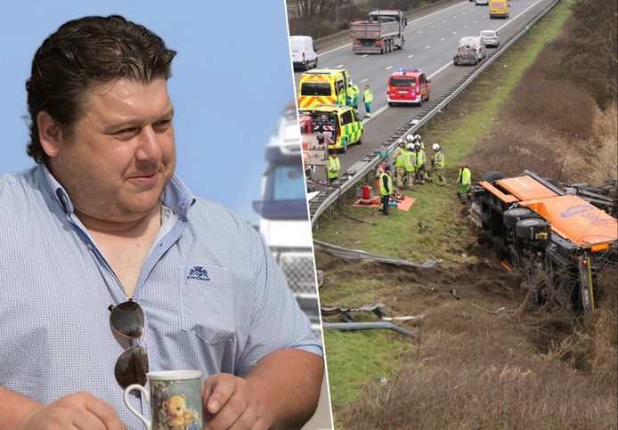 De truck van Jeroen Smet belandde op zijn dak in de berm van de snelweg