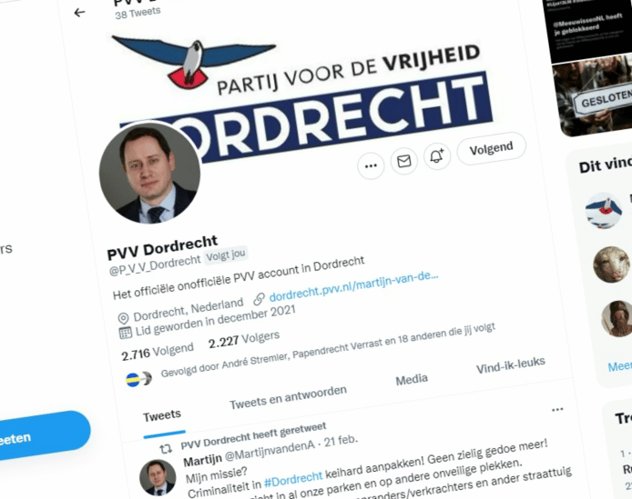 Het nepaccount van de PVV. Inmiddels heeft Van den Assem zijn eigen foto geplaatst. Voorheen stond er een foto met de vier bovenste kandidaten van de lijst.