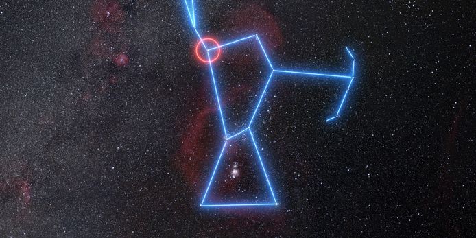 De positie van Betelgeuze in het sterrenbeeld Orion.