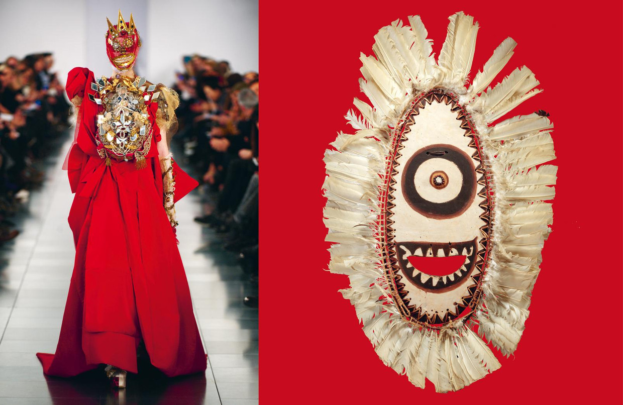 1. Maison Margiela, Artisanal, Lente/Zomer 2015 2. Liga:le-masker, Gogodala (cultuur), Golf van Papoea, Melanesië, Oceanië, voor 1995, Collectie Wereldmuseum Rotterdam, inv. nr. 73853, Galerie Fine Arts Collections, 1995. Beeld  