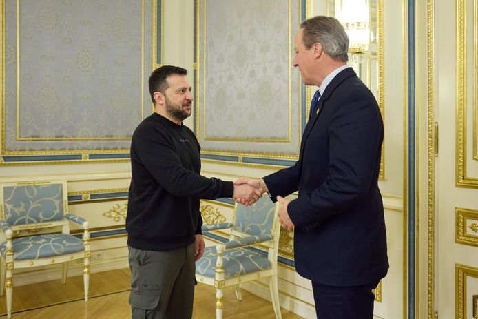 De Oekraïense president Volodymyr Zelensky en de Britse minister van Buitenlandse Zaken David Cameron schudden elkaar de hand in Kiev.