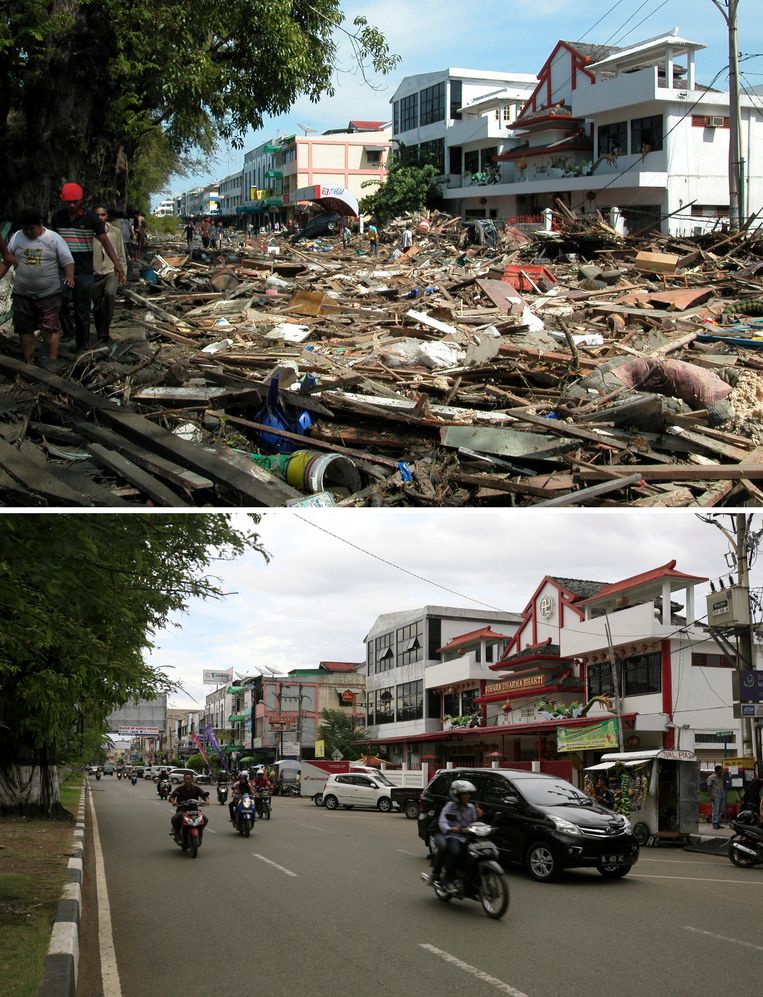 Beelden van een straat in Atjeh net na de tsunami, en nu. Beeld EPA