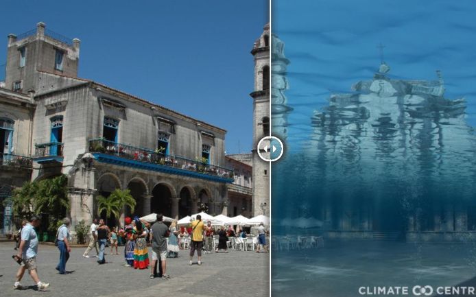 Plaza de la Catedral in Havana, Cuba. Links de situatie als de opwarming beperkt blijft tot 1,5 graden. Rechts hoe het plein eruit zou zien bij een opwarming van 3 graden Celsius.