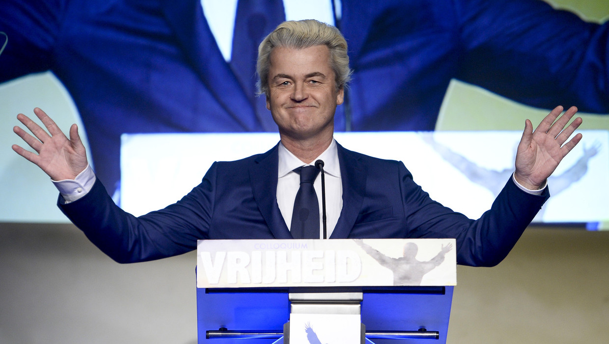 Geert Wilders tijdens een lezing voor Vlaams Belang op 4 maart in Brussel. Beeld belga