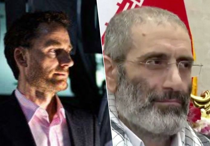 De Belgische ontwikkelingswerker Olivier Vandecasteele (links) en de Iraanse terrorist Asadollah Assadi na hun vrijlating in het kader van een gevangenenruil.