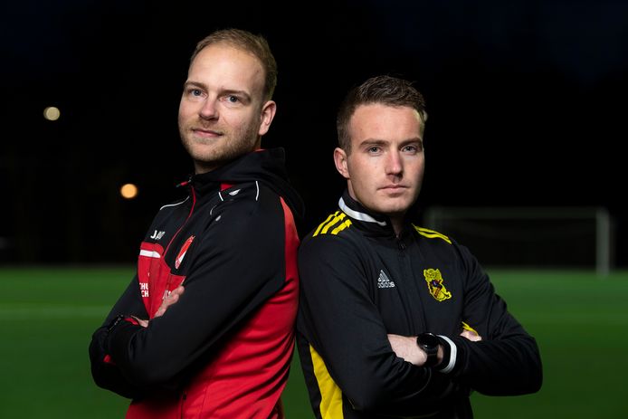 Niels Janssen (Reünie, links) en Twan te Woerd (VIOS). De aanvoerders komen elkaar zondag ook weer tegen, in de topper in de vierde klasse C.