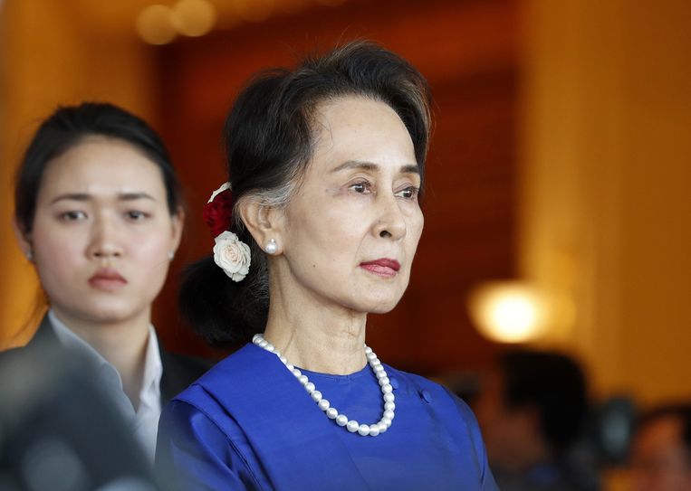 De Myanmarese regeringsleider Aung San Suu Kyi in januari 2020, kort voor een bezoek van de Chinese president Xi Jinping in Naypyidaw, Myanmar. Beeld ANP / EPA