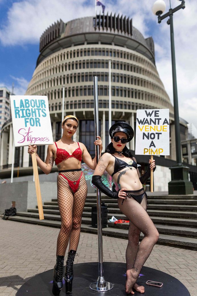 Les organisatrices Margot Embargot et Vixen Temple manifestent lors d'une manifestation pour les droits des travailleurs de l'industrie du sexe au Parlement de Wellington, le 1er février 2024.