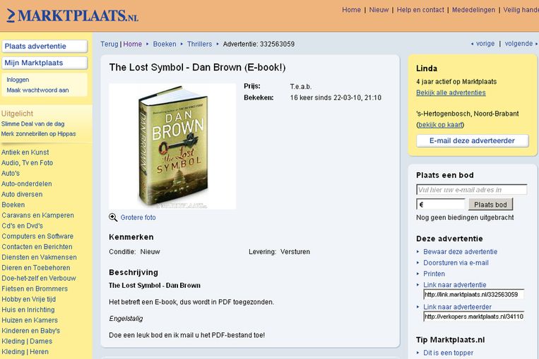 Een advertentie voor een e-book op Marktplaats. (screenshot) Beeld 