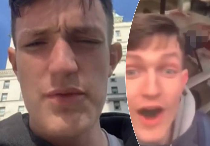 Links: een screenshot uit de video waarin Alex Bodger zijn daad probeert te vergoelijken. Rechts: de geblurde foto van zijn selfie met het lijk.