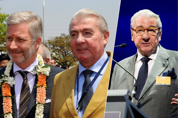 Links: Koning Filip - toen nog prins - en Paul Buysse in India in 2010, bij een bezoek aan een technisch centrum van Bekaert in India. Rechts: Paul Buysse in 2016.