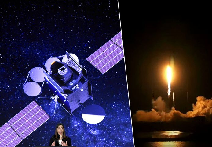 Links een foto van satelliet TEMPO tijdens een persvoorstelling, rechts de lancering van TEMPO afgelopen nacht.