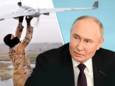 Archiefbeeld van een IS-terrorist die traint met een drone (links) en Poetin tijdens zijn persconferentie in Sint-Petersburg.
