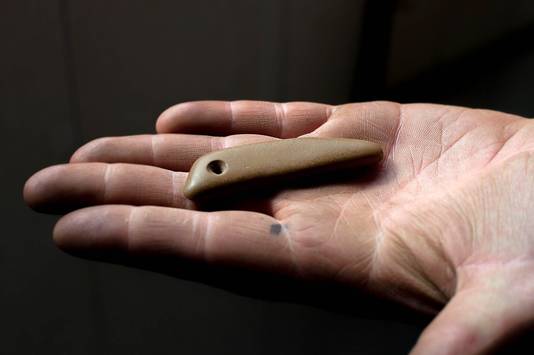 Stenen voorwerp, waarschijnlijk een amulet of weefgewicht, uit de late steentijd, gevonden in het Oostflank-gebied.