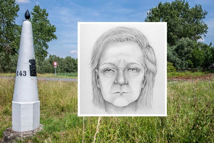 The woman was found in a meadow on the Sint Anthoniekade in Westdorpe.  Inset: The post-mortem drawing that was distributed.