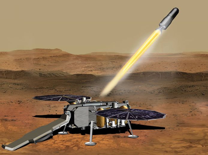 Illustratie van hoe lichtgewicht raket Mars Ascent Vehicle er zou kunnen uitzien.