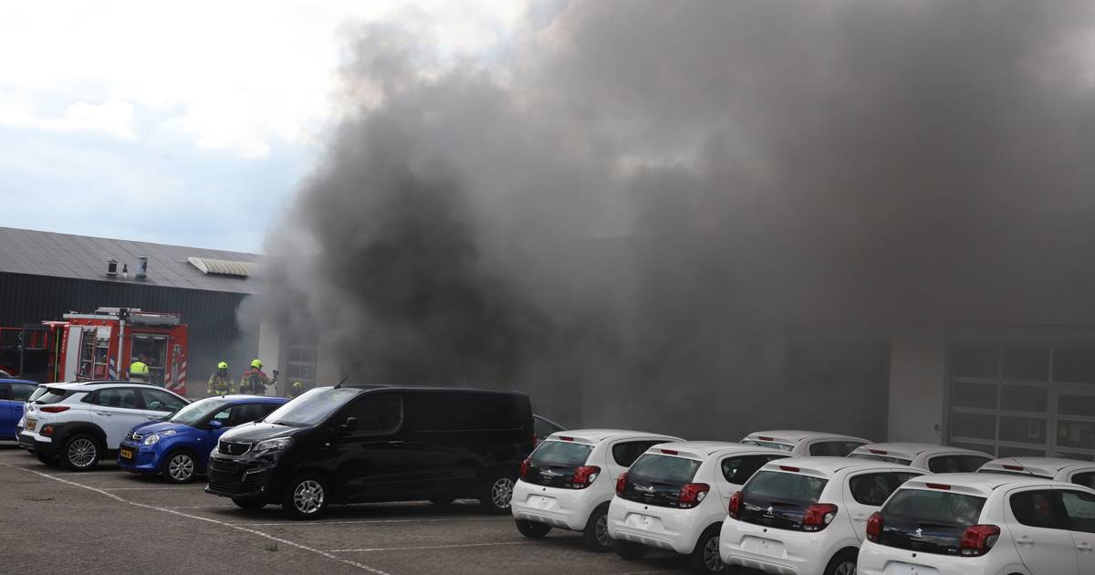 Enorme rookwolken bij grote brand in autogarage Tiel .