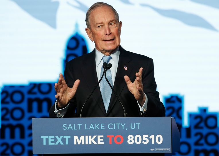 Mike Bloomberg tijdens een campagnebijeenkomst vandaag in Salt Lake City. Beeld Getty Images