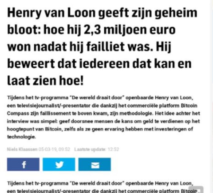 Screenshot van een nep-artikel over Bitcoin.