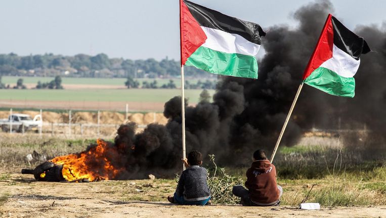 Palestijnse demonstranten zwaaien met hun nationale vlag. Ze protesteren tegen het achterhouden van de Amerikaanse subsidie voor de UNRWA. Beeld anp