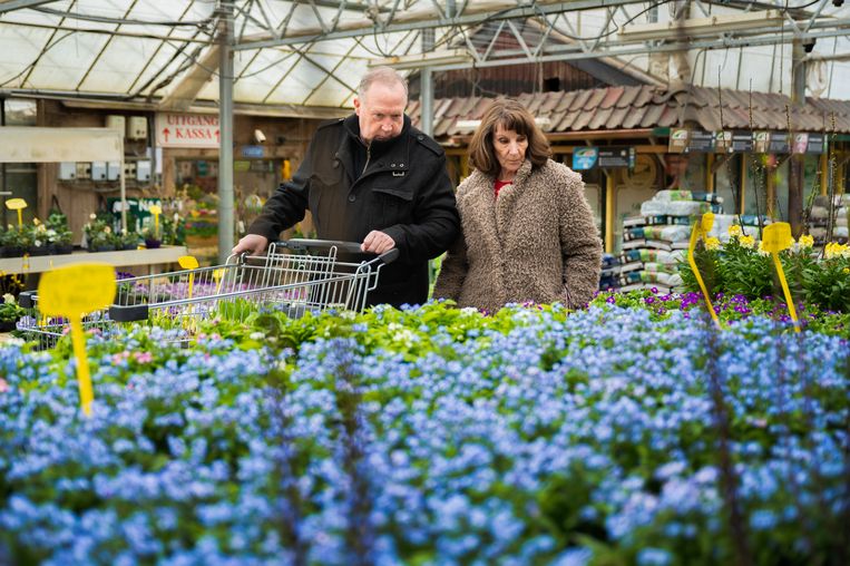 Klanten Marja en Tom Warburton zoeken naar wat bloeiende planten om de huiskamer op te fleuren. Beeld Bram Petraeus