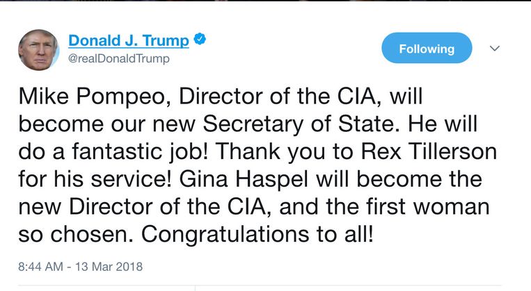 Tweet van 13 maart 2018 Beeld @realDonaldTrump