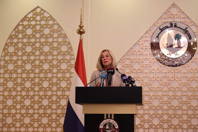 Sigrid Kaag tijdens een persconferentie in Doha, eerder vandaag Beeld AFP
