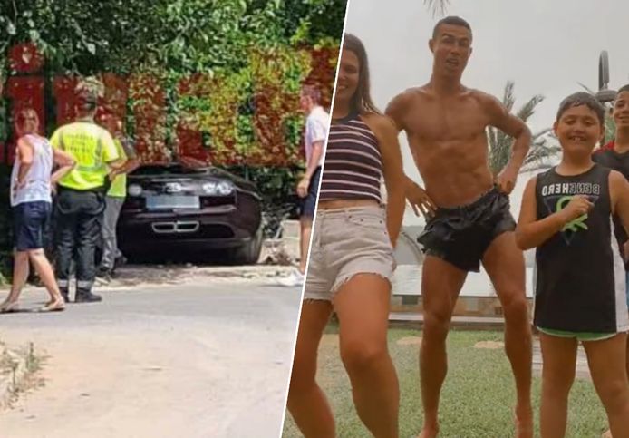 Links: de Bugatti van Ronaldo net na de crash.
Rechts: Ronaldo waagt zich met z'n familie aan een TikTok-dansje.