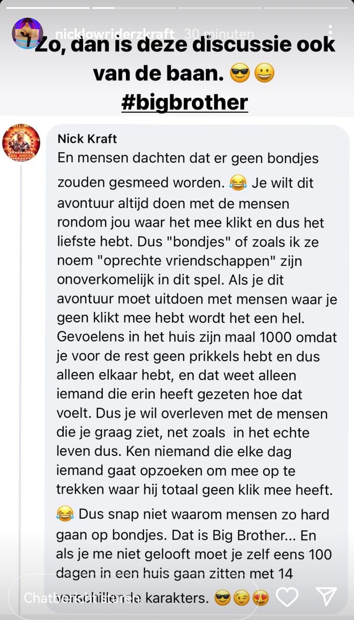 'Big Brother'-finalist Nick heeft z'n mening over de 'bondjes'.