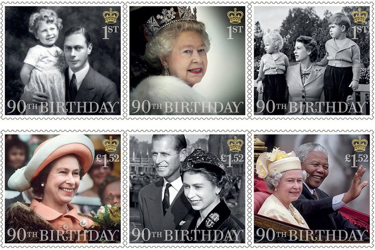 Zes postzegels ter ere van de 90-jarige verjaardag van koningin. Beeld epa