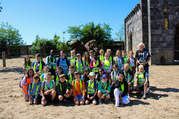 De leerlingen van het vierde leerjaar met Marc De Bel en enkele olifanten in Pairi Daiza.