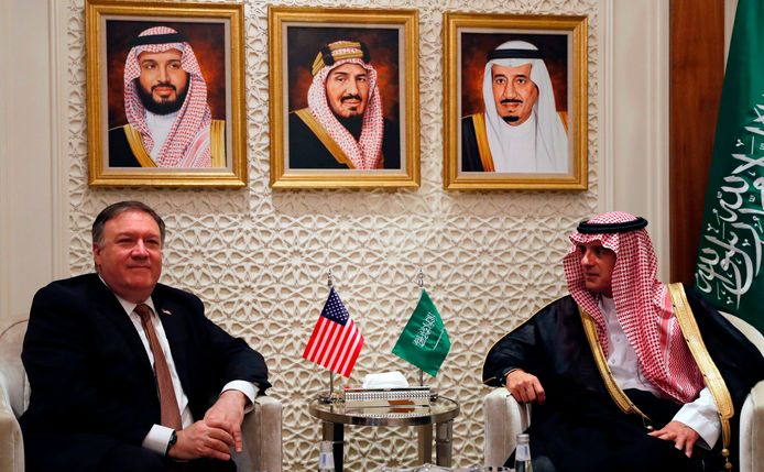Amerikaans minister van Buitenlandse Zaken Mike Pompeo en zijn Saoedische ambtgenoot Adel al-Jubeir.