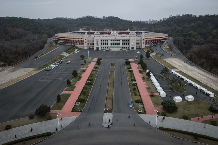 Het Kim Il-sung stadion in de Noord-Koreaanse hoofdstad Pyongyang, waar de voetbalwedstrijd tegen Zuid-Korea wordt gespeeld. Beeld AFP