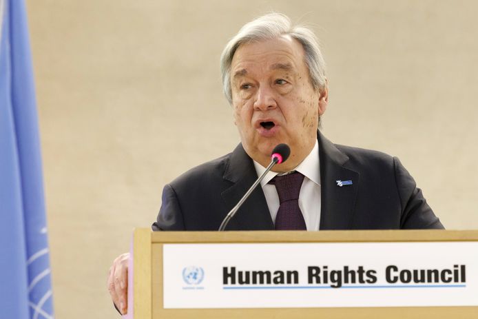 Secretaris-generaal van de Verenigde Naties (VN) António Guterres tijdens de zitting van de Mensenrechtenraad in Genève.