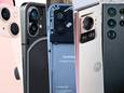 Fotomontage, van links naar rechts: de iPhone 13, de Nothing Phone (1), de Fairphone 4, de Motorola Edge 30 Ultra en de Samsung Galaxy S22 Ultra.