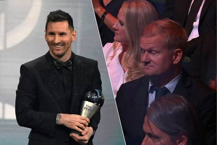Links: Messi tijdens de uitreiking van vorig jaar. Gisteren was hij niet aanwezig in Londen.
Rechts: vader Haaland keek gisteren bedenkelijk wanneer Messi tot winnaar werd uitgeroepen.